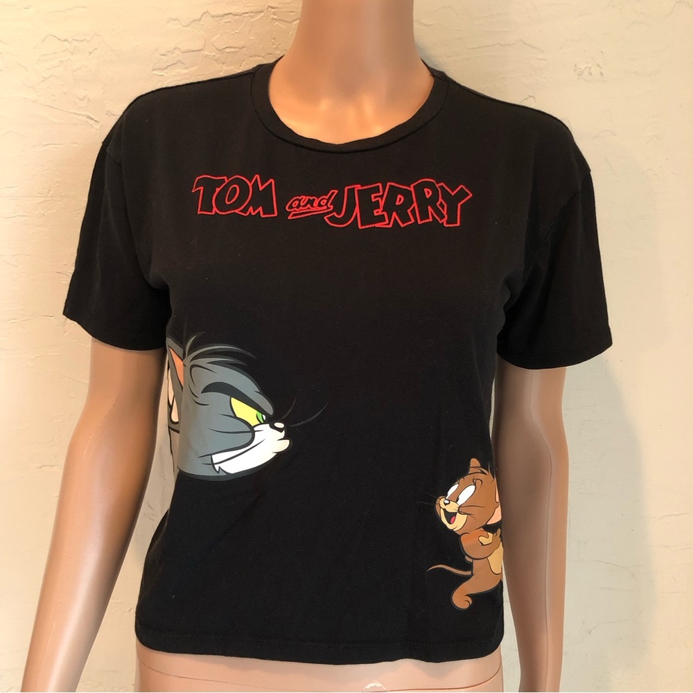 Tom And Jerry Black Graphic Cropped T-Shirt Juniors Size L (11-13) Short Sleeves